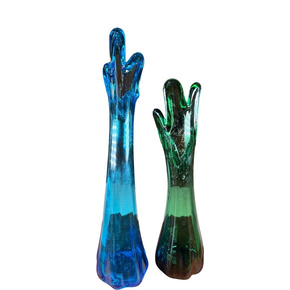 Hand Blown 2 Swung Glass Bud Vases Blue Cobalt & Green Retro MCM Collectable - Picture 4 of 13